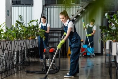 Cleaner sanitizing the floor